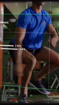Vertical video: Man HUD popping doing one-knee drives on box fitness guide tracking ending upright