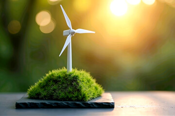 Obraz premium Miniature white wind turbine standing on a small green mossy hill over a slate stone base with golden sunset bokeh 