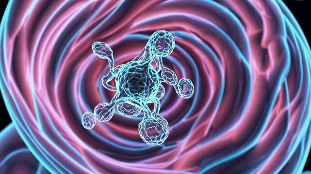 Cells spin vividly. Colorful cell rotates energetically. Radiant cellular core encircled by vivid neon colored bands. Vibrant neon tubes fuse science and art in dynamic cellular rotation scenes