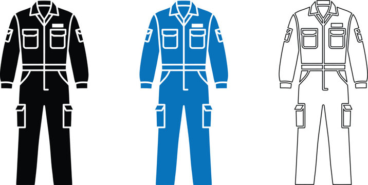 Three work overalls black blue and white designs for industrial workers