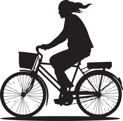 Fototapeta premium Silhouette of woman riding bicycle, female cyclist on city bike, eco friendly urban transport concept, active lifestyle illustration, black isolated vector EPS, side view biking figure design.
