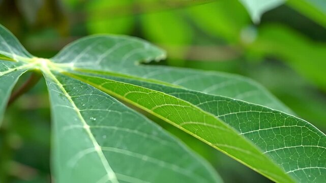 Close up of green cassava leaves with visible veins and natural light.