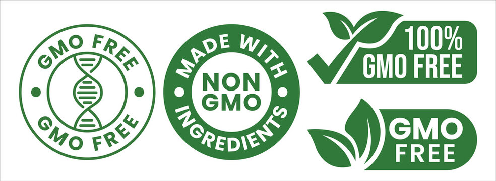 A series of vibrant green circular seals and leaf graphics advertise products as being gmo free and non gmo high quality professional detailed