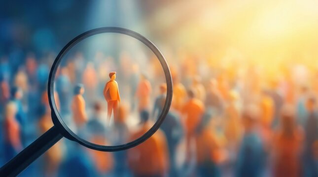 Magnifying glass focuses on one person in crowd symbolizing focus and selection.