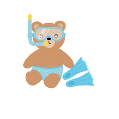 Cute Teddy Bear Snorkeling Character with Diving Mask, Snorkel and Swim Fins, Summer Beach Cartoon Illustration © RendraJaluKusuma