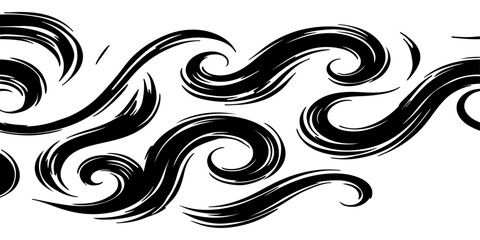 Fototapeta premium Seamless black brush stroke vector pattern with elegant swirls and flowing waves, hand-painted ink texture, monochrome high-contrast minimalist design