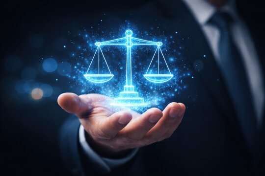 Man holding scales of justice on dark background, law and legal services concept and fairness.