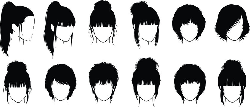 Female hairstyle silhouette collection short long ponytail bun fringe bob haircut set