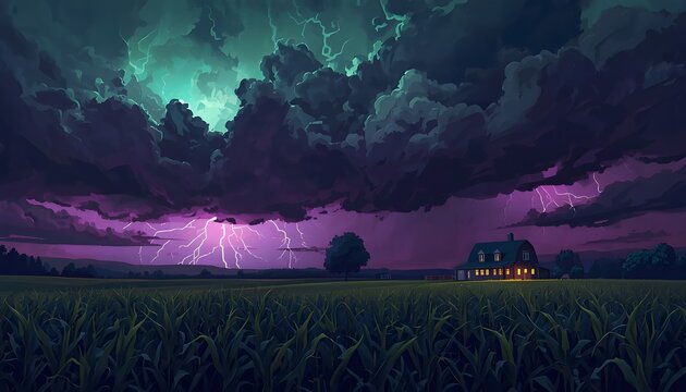 Night Thunderstorm Landscape with Electric Magenta Lightning Strikes and Lonely Barn