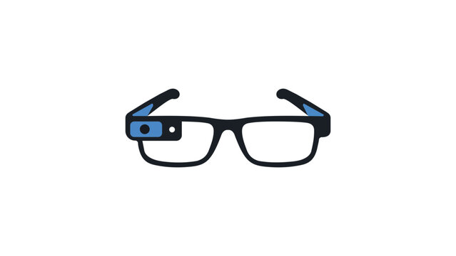 Smart glasses vector icon illustration featuring a modern slim black frame with a blue camera module and integrated display, isolated on white background for wearable technology and AR design.