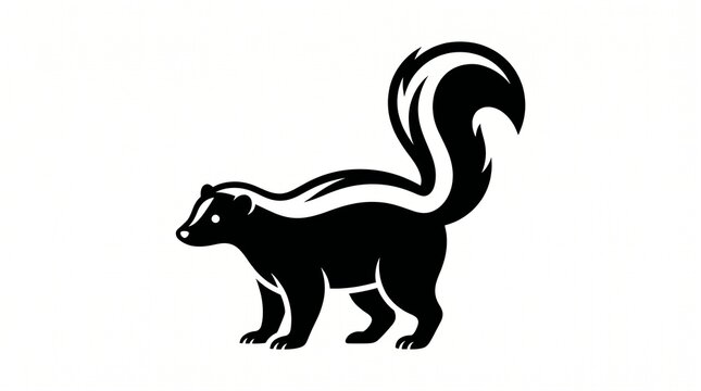 A black and white illustration of a skunk standing on a plain background