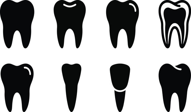A set of black silhouette tooth icons on transparent background