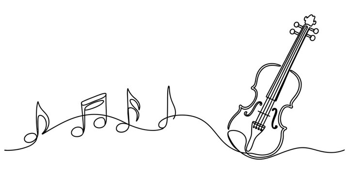 A single continuous line drawing of a violin accompanied by musical notes flowing across a plain white background for design. Vector, illustration