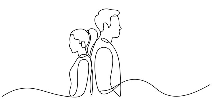 A minimalist single line drawing of a young woman and a man standing back to back representing a complex relationship bond. Vector, illustration