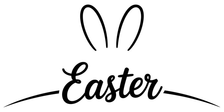 Minimalist black and white graphic design featuring cursive easter text typography adorned with iconic rabbit ears for a holiday Vector, illustration