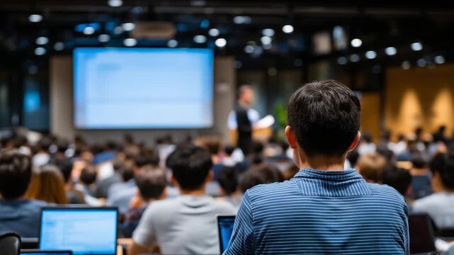 Wide-angle view of a university lecture hall filled with students, bright lighting, students taking notes and using laptops, professor at the front explaining database concepts on