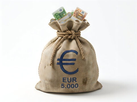 Euro savings concept with EUR 5000 burlap sack filled with currency notes under soft white studio lighting, symbolic wealth and financial success