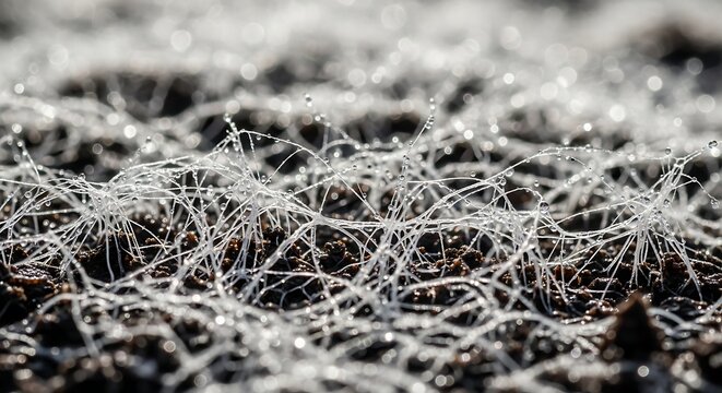 Macro view of delicate fungal hyphae with tiny water droplets on dark soil