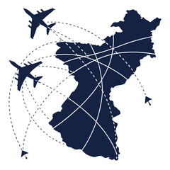 A vector graphic illustration of a map with airplanes and flight routes © uuu
