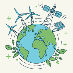 Naklejka premium A vector graphic illustration of the Earth surrounded by renewable energy sources and green leaves, symbolizing a sustainable future