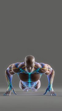Man performing push-ups with chest and triceps muscles highlighted, sports anatomy visualization