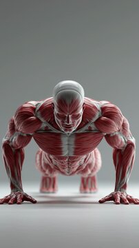 Man performing push-ups with chest and triceps muscles highlighted, sports anatomy visualization