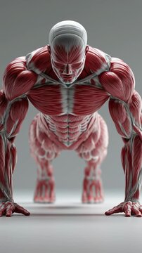 Man performing push-ups with chest and triceps muscles highlighted, sports anatomy visualization