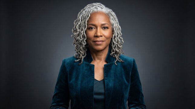 Elegant senior Black woman with long gray locs in teal velvet blazer looking at camera with serious expression against dark gray background, symbolizing authority and empowerment.