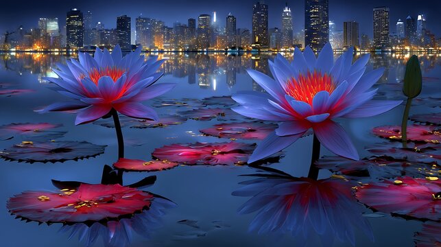 Red and blue fireworks exploding over city skyline at night with water reflection