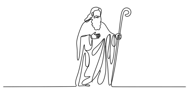 A continuous line drawing depicting a bearded shepherd figure holding a wooden staff in a simple minimalist artistic style. Vector, illustration