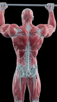 Man performing pull-ups with back muscles highlighted, latissimus dorsi activation, anatomy animation for fitness