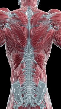 Man performing pull-ups with back muscles highlighted, latissimus dorsi activation, anatomy animation for fitness