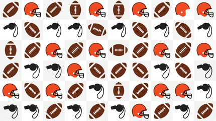 Fototapeta premium Seamless repeating pattern of orange american football helmets, brown footballs and black referee whistles on white