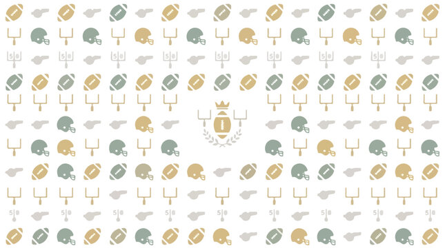 Seamless repeating pattern of teal American football helmets and goalposts with gold accents and crown emblem
