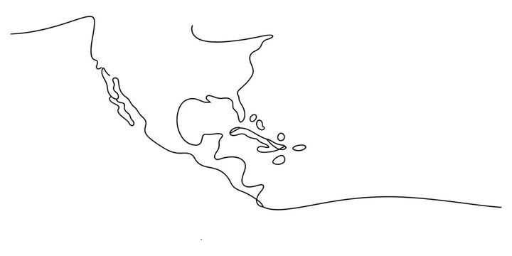 Minimalist continuous line art drawing of north america including the gulf of mexico and caribbean islands on a white background Vector, illustration