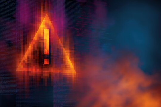 Warning symbol glowing amid pixelated digital code background