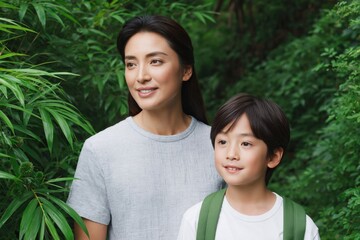 Obraz premium Mother and son standing together in lush green garden