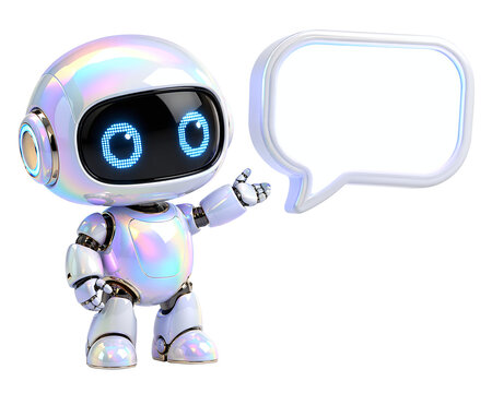 3D Cute Iridescent Robot Mascot with Blank Speech Bubble and Presenting Gesture, Friendly AI Chatbot for Communication and Tech Support, Isolated on Transparent Background