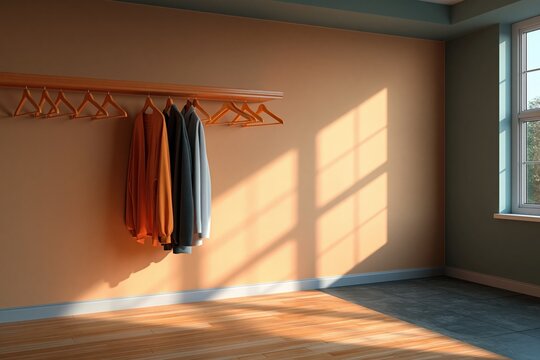 Clothes on hangers casting shadows in empty sunlit room