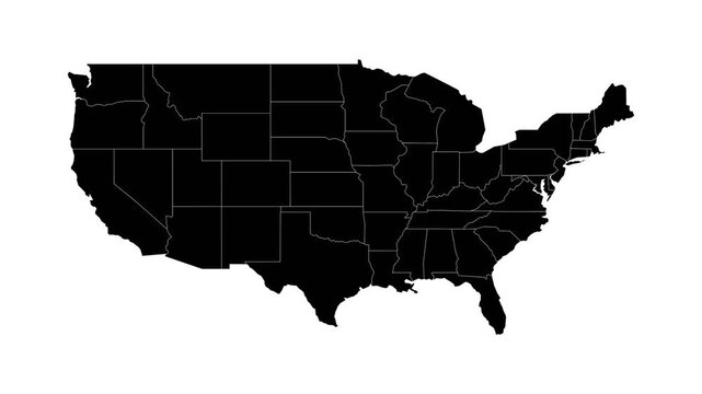 Animated Silhouette Map of United States of America - Solid Black Shape on White Background