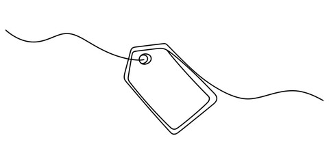 Naklejka premium A single continuous line drawing of a blank rectangular shopping tag hanging on a thin curved string against a white background. Vector, illustration