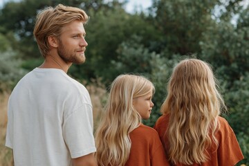 Fototapeta premium Young father standing with daughters in outdoor field