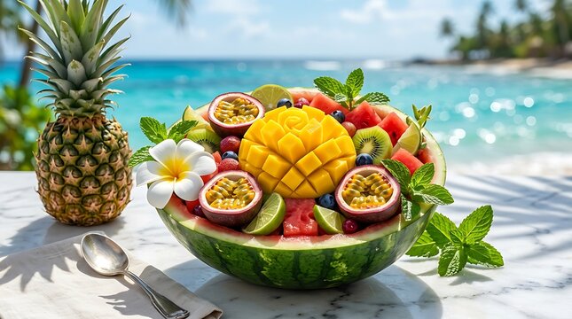 Mangkuk Buah Tropis Segar di Tepi Pantai yang Indah