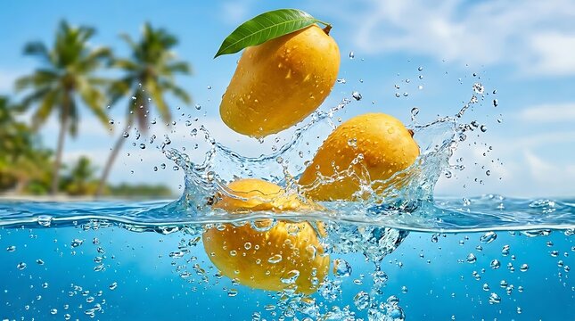 Buah Mangga kuning Segar Tercebur ke Air  laut dengan Percikan Dinamis estetik untuk iklan buah, reklame, dan keperluan food advertising lainnya