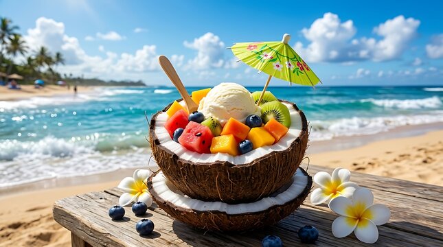 Buah Tropis Segar dan Es Krim dalam Batok Kelapa di Pantai