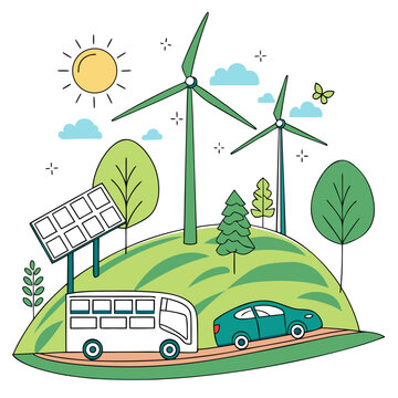 A colorful illustration of eco-friendly transportation and renewable energy sources on a sunny hill