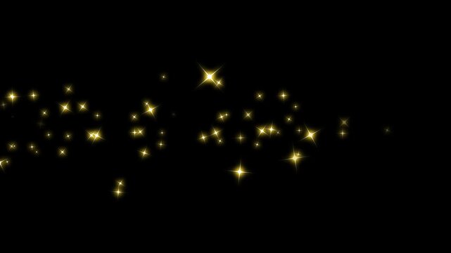 Luxury golden and white glitter star trail animation with twinkling particle burst, magical sparkle dust flow, seamless loop 4k overlay, glowing twinkle light flare motion graphics on black screen