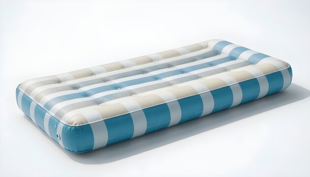 Inflatable striped air mattress in blue and white, minimal product scene on clean background, summer leisure accessory for pool or camping, comfortable portable bed, modern simple design