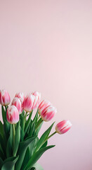 Fototapeta premium Pink tulips on a soft pink background with green leaves and stems