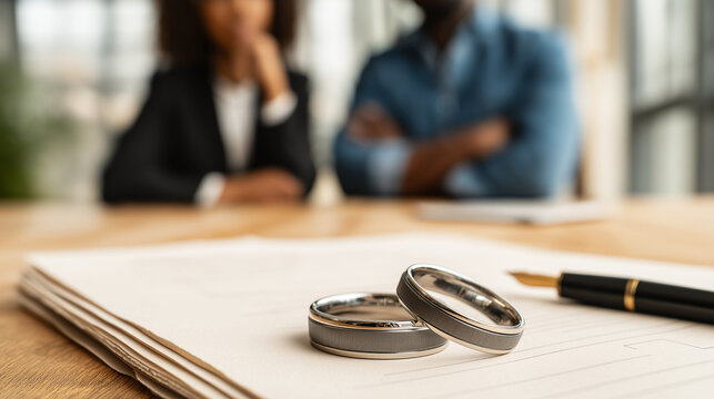 Wedding rings on divorce document with African American woman and man in background. Legal separation agreement after marriage dissolution. Law firm counseling and family conflict concept.